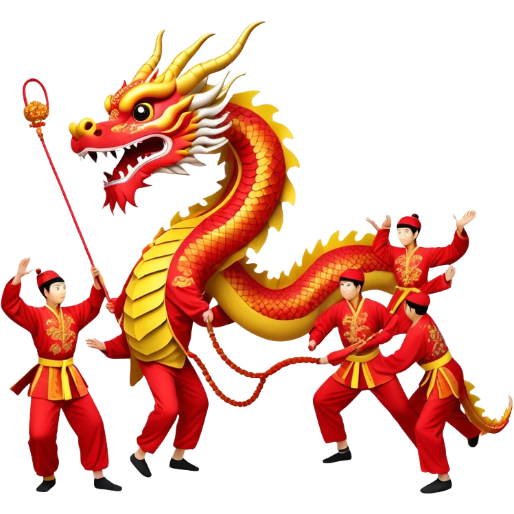 Cinematic Realistic scene of a traditional Chinese Dragon Dance featuring a team of performers skillfully manipulating a colossal, flexible dragon puppet, its intricately detailed, vibrant scales and flowing, embroidered fabric catching the light, set against a festive backdrop of red lanterns and dynamic red-tinged lighting that accentuates the majestic presence of the dragon puppet. emoji