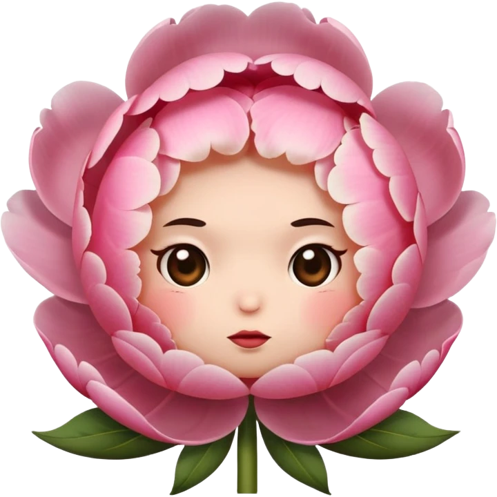 pink peony flower with a round body, blushing cheeks, nervous expression emoji