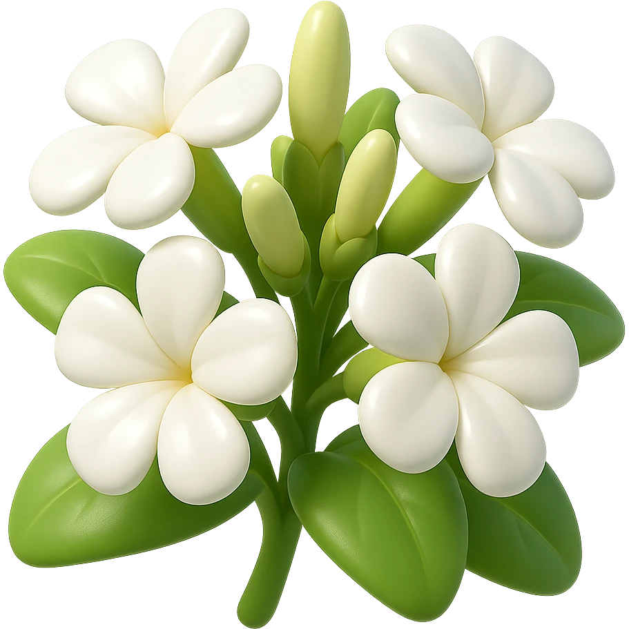Create 3D iOS-style cartoon soapwort (Saponaria) flowers with extra volumetric and rounded shapes, exaggerated cute white petals, big green leaves, playful proportions, soft lighting, and a glossy effect. No background, no face or smile. Style inspired by GPT Image style. emoji