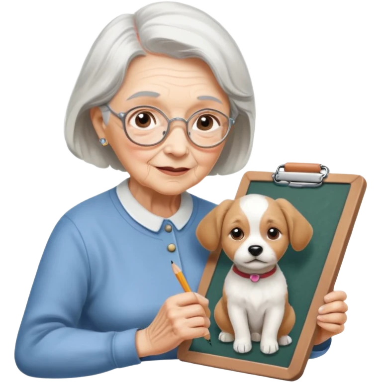 An elderly woman sketching, art board,nice picture, puppy face pencil art style. emoji