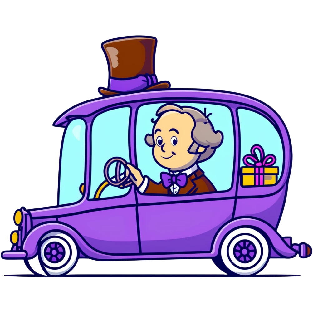 Willy Wonka driving a whimsical vehicle emoji