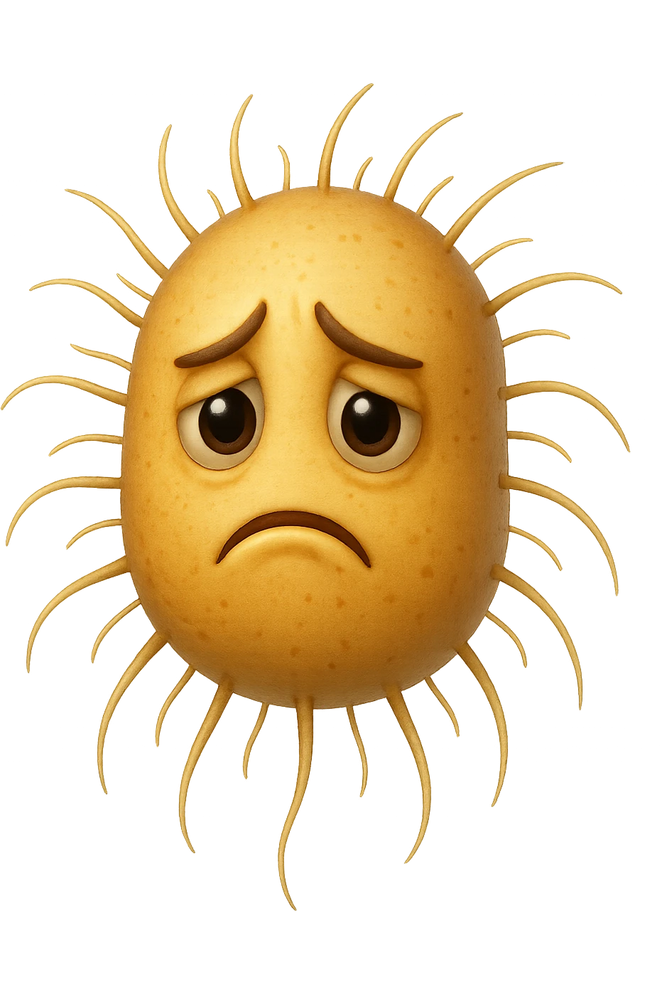 emoji stile iphone di batteri intestinali con espressione triste che fluttuano in aria, iperrealistico 4k, isolato su sfondo bianco emoji