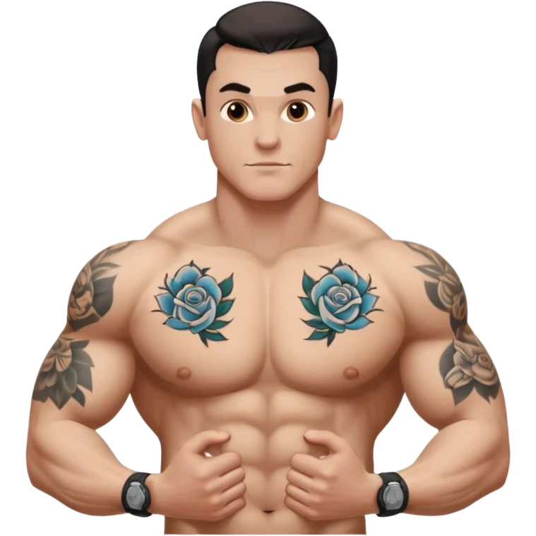 tattoo man, white skintone, more highlight the tattoo, body builder, tatto on fully chest, more tattoos on the body. emoji