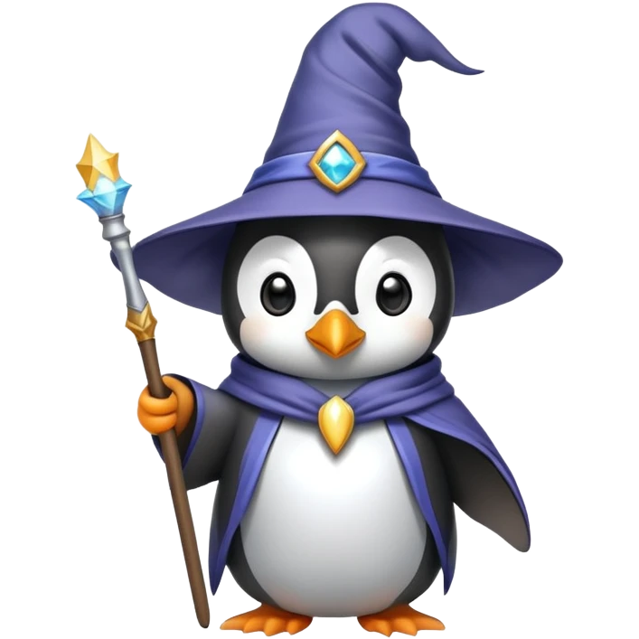 penguin wearing wizard hat and robe holding magic wand emoji