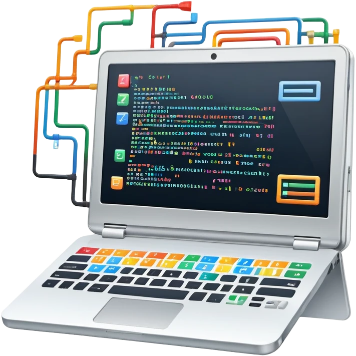 An icon featuring a laptop screen with colorful lines of code, brackets, and a blinking cursor, symbolizing programming. The design includes flowcharts, gear icons, and binary code, representing software development and logical problem-solving. Transparent background highlights the world of coding. emoji