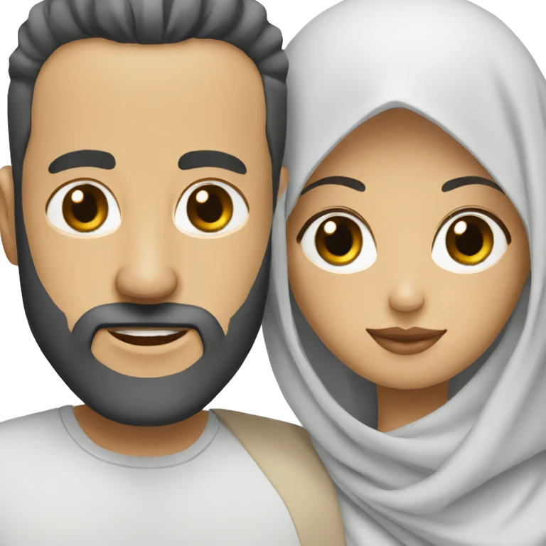White with man shaved beard with curly black hairs with her wife wear a hijab  emoji