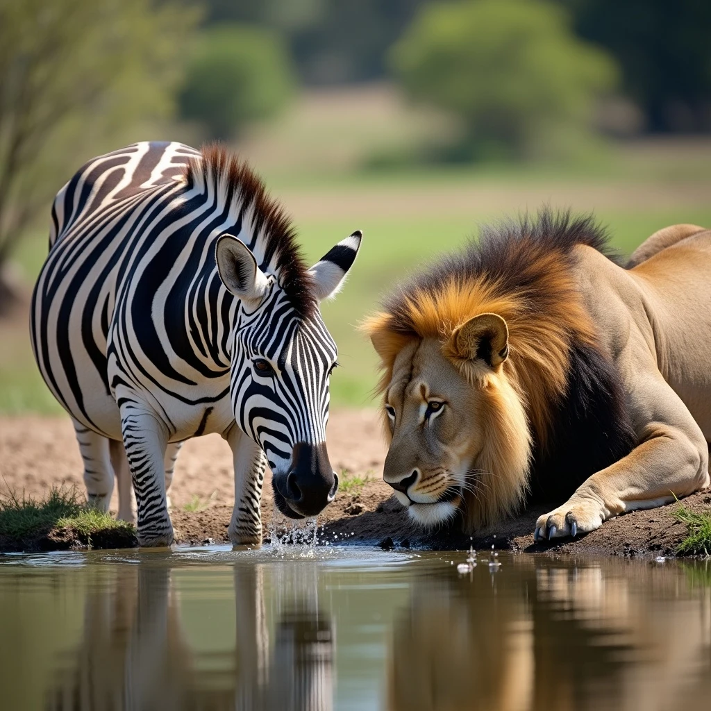 zebra and lion drinking water from pond emoji