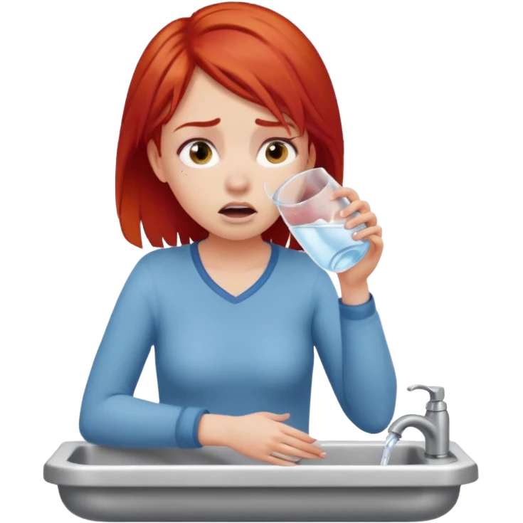apple style emoji of a girl with red hair trying to drink water from a sink but unable to, looking desperate with an empty glass emoji