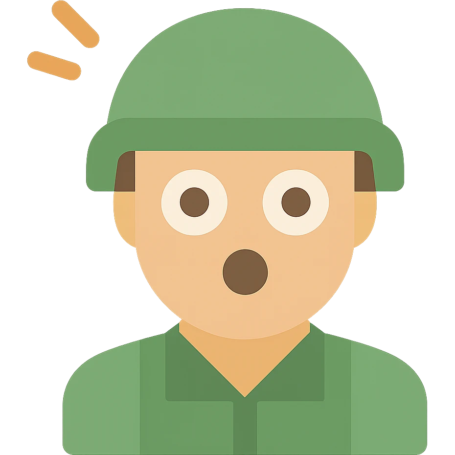 Add color to this confused/surprised soldier icon with a green helmet, natural skin, and a cartoonish but clean look. Use a transparent background. emoji