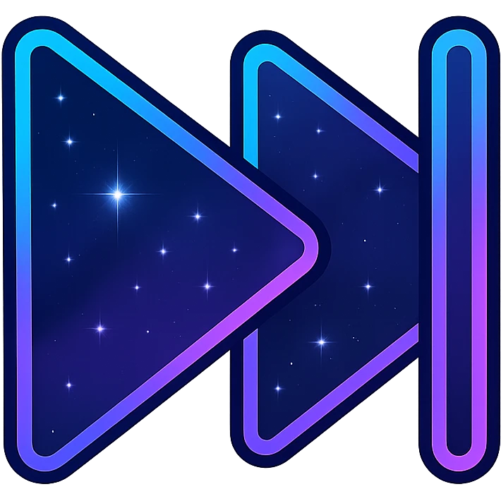 next song icon, modern clean double triangle and line with neon border and glowing effect, dark purples blues blacks base, nebula gradients, small bright stars, specular highlights, luminous look emoji