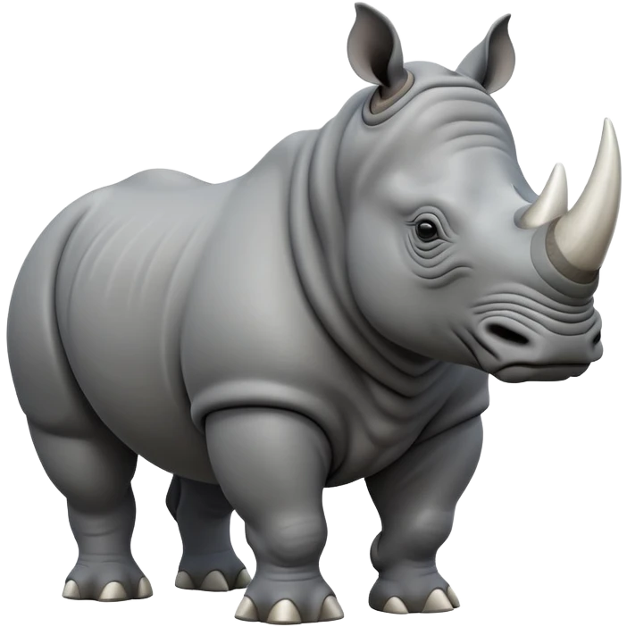 cinematic-rhino-full-body-standing-emoji,white horn, slate grey skin -massive-body-poised-powerfully,-thick-horn-curving-slightly-forward,-head-tilted-dramatically,-rough-grey-hide-covered-in-dust,-simplified-focused-features, emoji