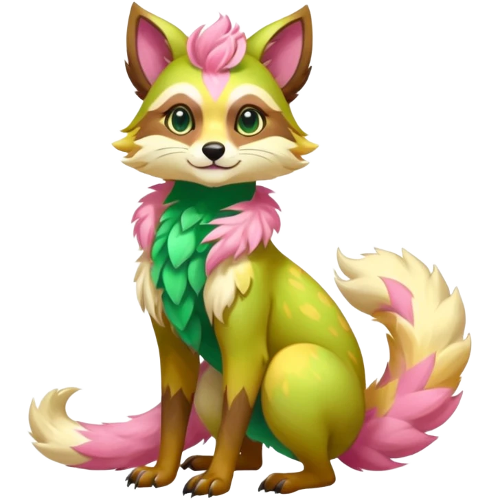 Colorful brown with rose-pink, yellow-beige-cream, jade-green tropical exotic shiny beautiful fantasy-Vernid-Cacomistle-animal-Fakémon-hybrid-fursona (full body) emoji