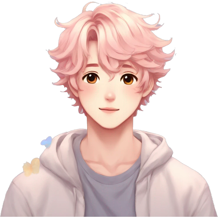 Gorgeous pastel anime style shojo man with blushing face and butterflies aesthetic and pretty hair trending style emoji