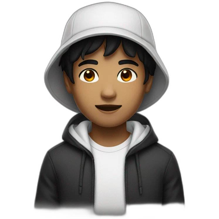 A boy with black eyes and black hair, wearing a black bucket hat and a white hoodie  emoji