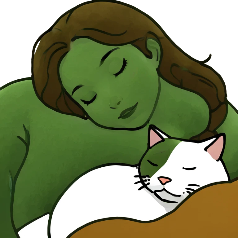 brunette caramel haired girl sleeping with mostly white and light grey cat emoji