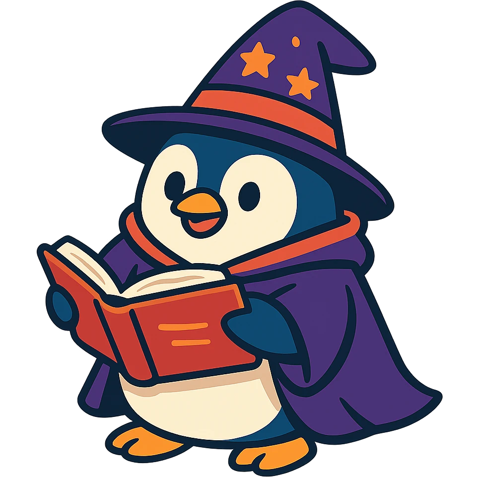 a chubby penguin with a wizard hat and cloak, holding an open spellbook, playful illustration style emoji