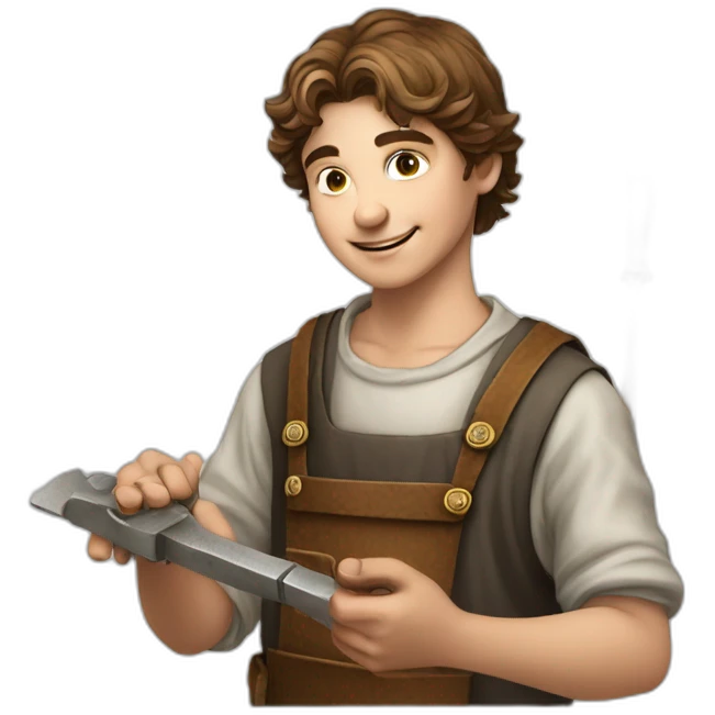 young coin engraver apprentice yielding tool, medieval age emoji