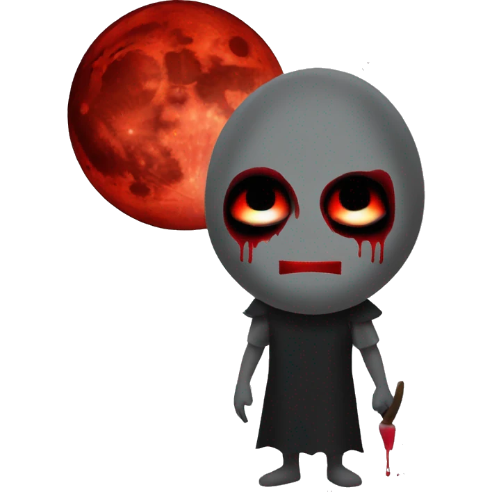 a gu with a creepy smiling mask color red black grey and a blood moon in the background emoji