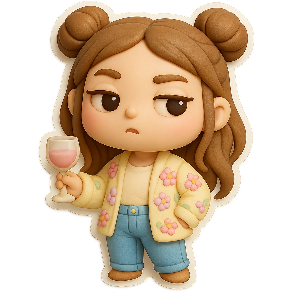 3D chibi fondant cake art style, high-quality rendering with smooth shadows and soft gradients. Girl with long brown hair in two space buns, brown eyes, jeans, pastel floral cardigan, thick white outline like a sticker, transparent background. Holding a wine glass, acting fancy and superior, preserve facial features from reference image. emoji
