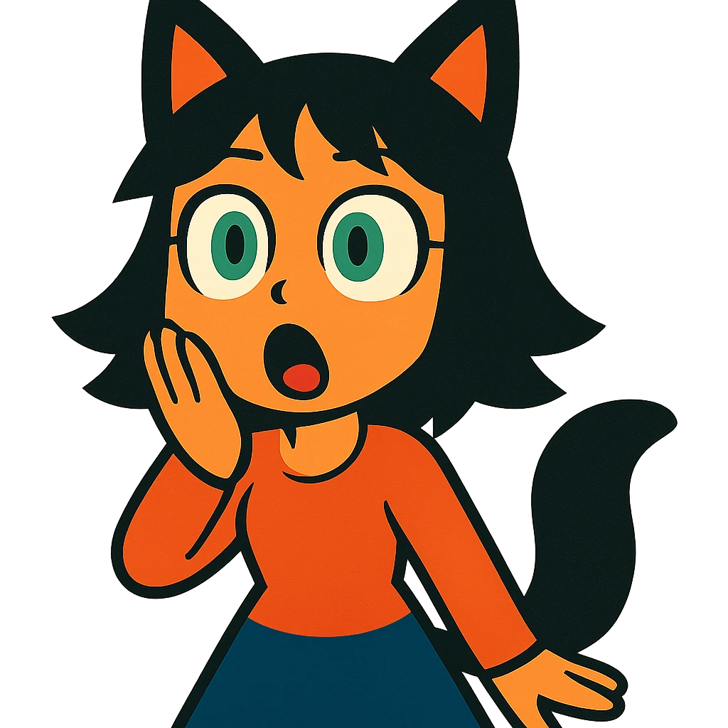 a surprised girl with huge green eyes, black fox ears, and a tail, dark hair emoji