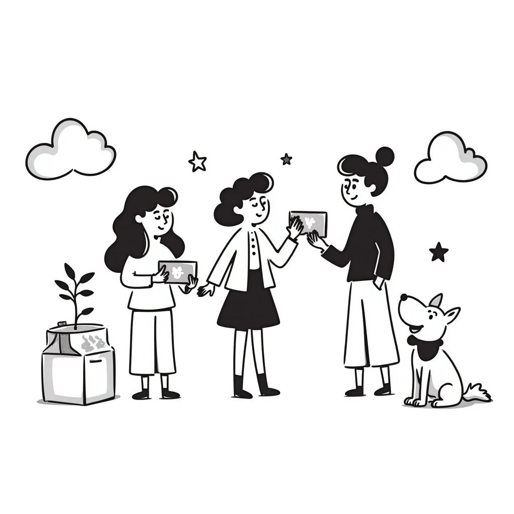 hand-drawn inclusive activity space with playful lines and diverse people emoji