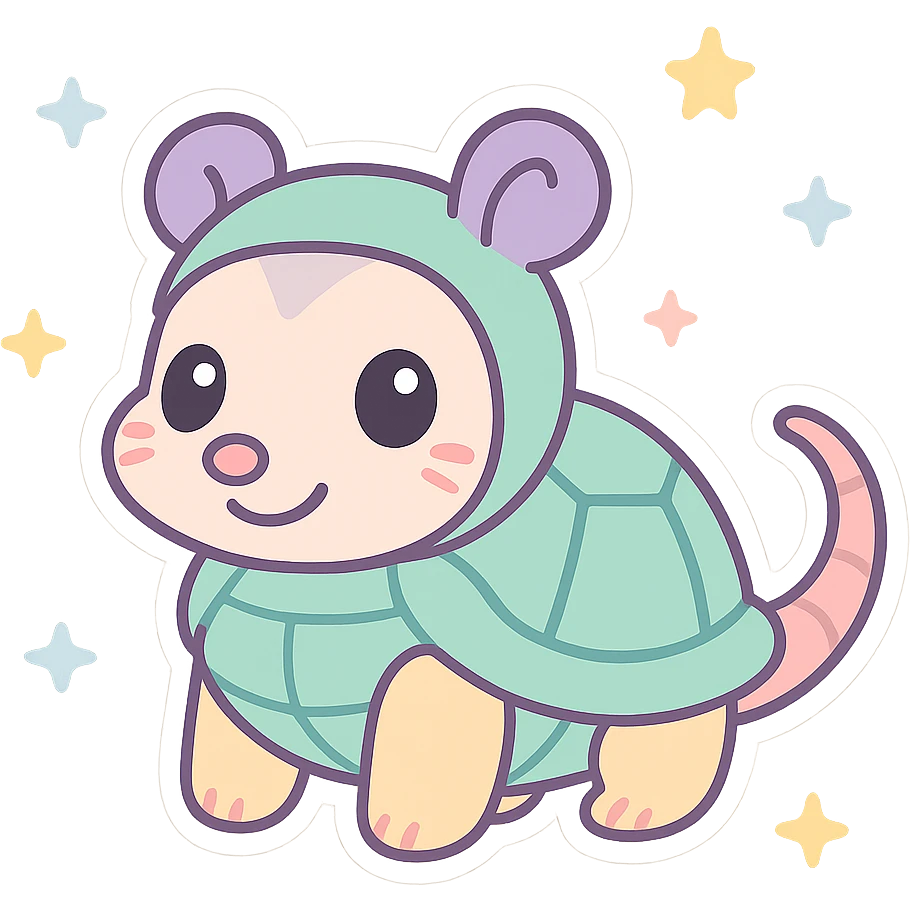 cute cartoon possum dressed up like a turtle, sticker style, transparent background emoji