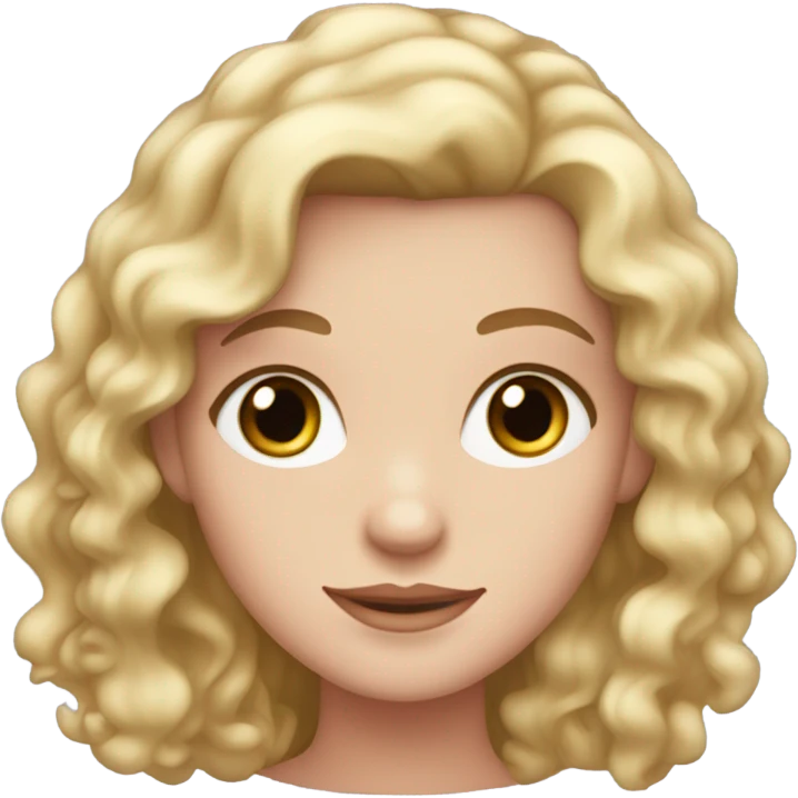 A girl with long blond curly hair and brown eyes. She has pale skin and a pink dress on emoji