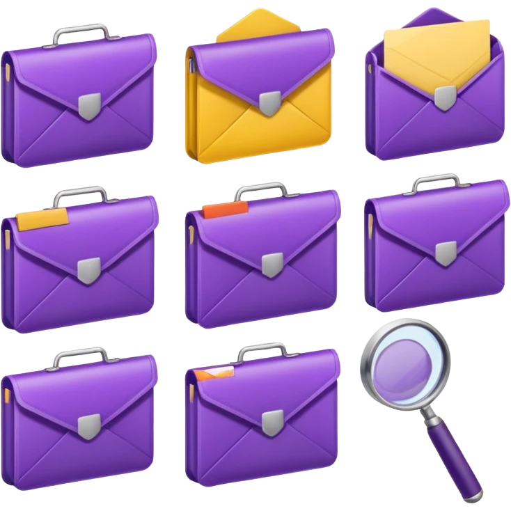simple, minimalistic yellow (hex#FFD008) and purple (hex#8C52FF) icons of a pin, a working case, a folder, a magnifier, an email, an envelope. 6 icons in total emoji