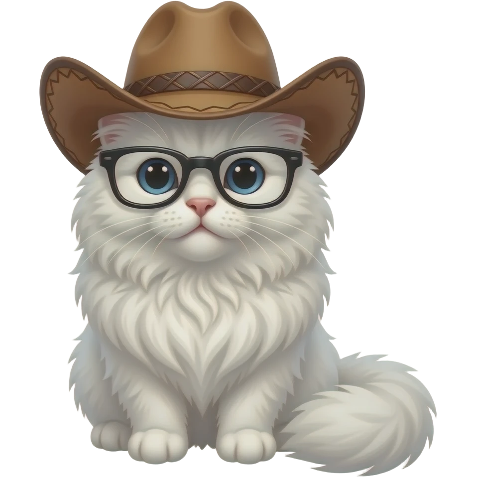 white persian cat wearing a cow boy hat and wearing a pure black glass. emoji