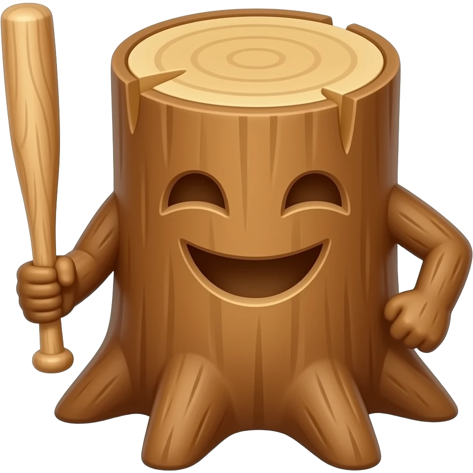 A big wood log that is smiling with a wooden bat emoji