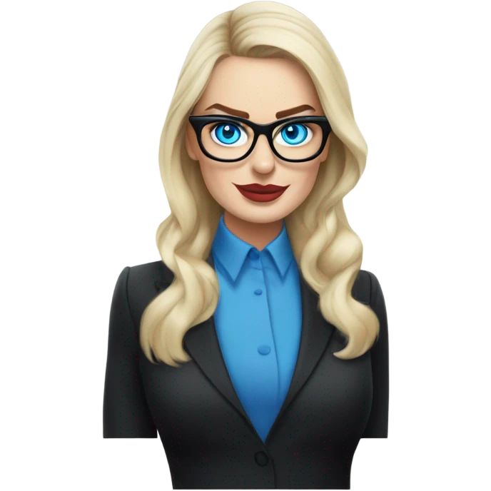 Real margot robbie secretary,  bright blue eyes, wearing black glasses  emoji
