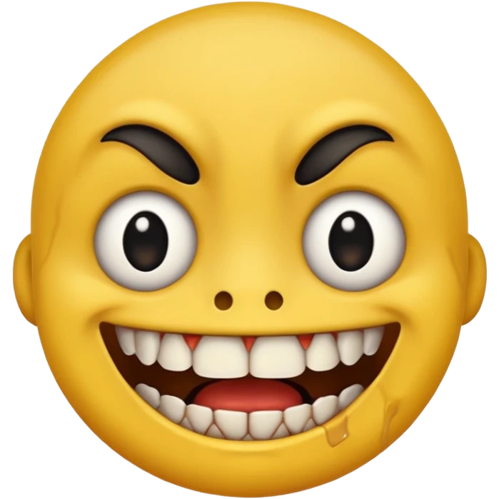 Yellow face emoji with only two teeth white and the rest of the teeth black and rotten, scars on the face and eyes wide with black pupils emoji