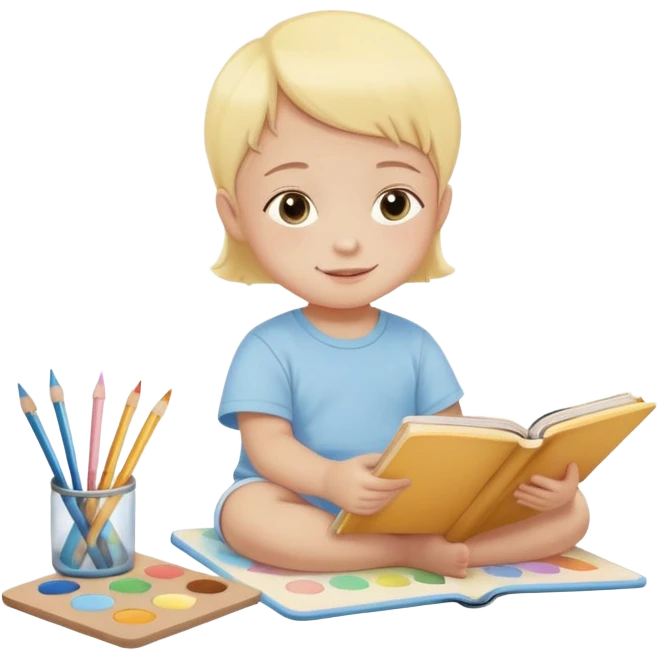 Flat illustration emoji of a small child sitting and reading a book with colored pencils or paint palette nearby, happy and peaceful expression, soft pastel colors (yellow, light blue, soft pink), rounded shapes, minimal details, child-friendly, warm and gentle style emoji