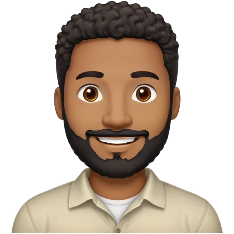 Caribbean man in his early 40s with medium brown complexion. Round friendly face. Energetic expression with wide smile. Cheerful dark eyes. Thick eyebrows. Wide nose. Well-groomed full black beard. Short curly black hair with faded sides. Wearing a cream colored casual shirt. emoji