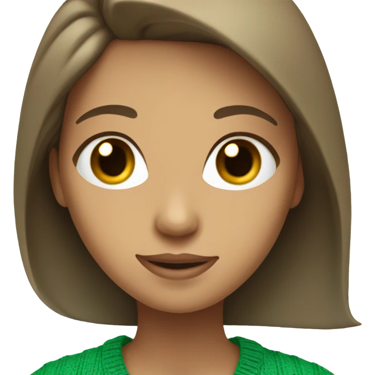 tan girl with  brunette hair blue eyes and a green sweater on emoji