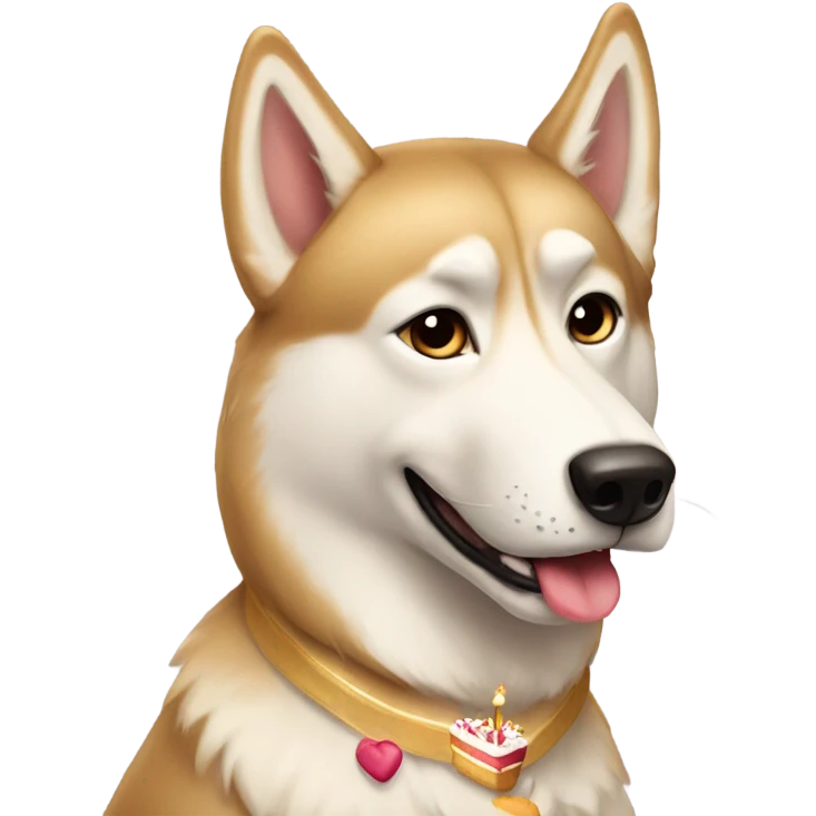 Golden beige husky with a hat and birthday cake emoji