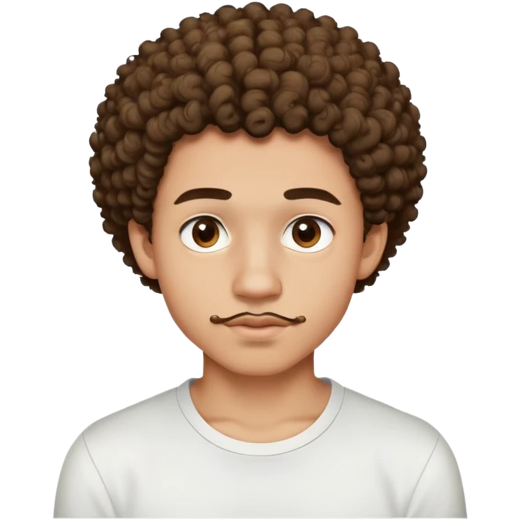a 17 year old light-skinned boy with slightly brown eyes, small mustache above his lip, very curly hair like a small afro with cut sides, one twisted curl falling on his forehead, wearing a tight white shirt emoji