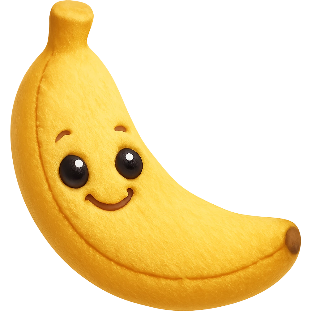 A smiling plush banana with expressive eyes and soft fabric texture. The banana has a gentle curve and subtle stitching details. emoji