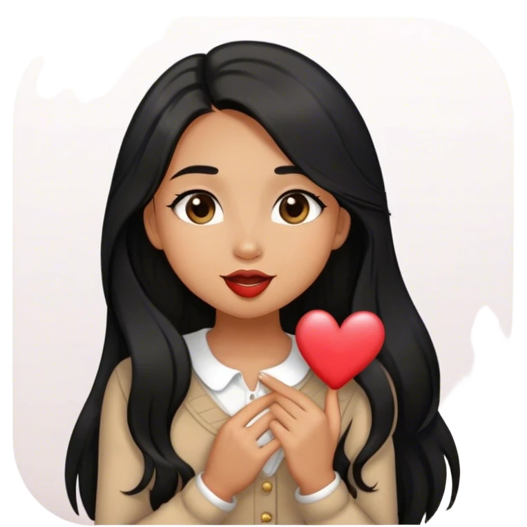 Tan girl with black long hair classy kisses smiles and cute outfit emoji