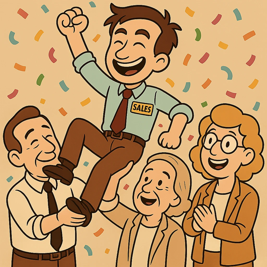 Change the man with dark skin to have pale skin and appear a bit older. Add colorful confetti in the air like in the second cartoon. Also, add another woman to the group—she should be blond. Keep the background transparent and maintain the cartoonish office celebration style. emoji
