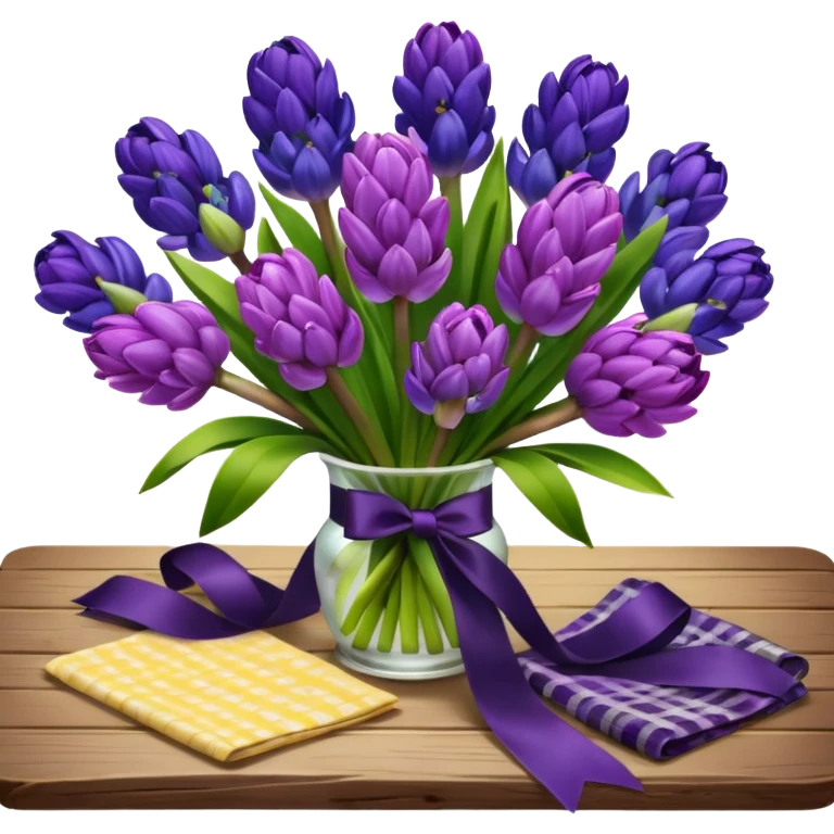 A lush bouquet of bright prple color Hyacinths black satin ribbon, resting on an antique wooden table, with a pale yellow and pink plaid pattern table cloth emoji