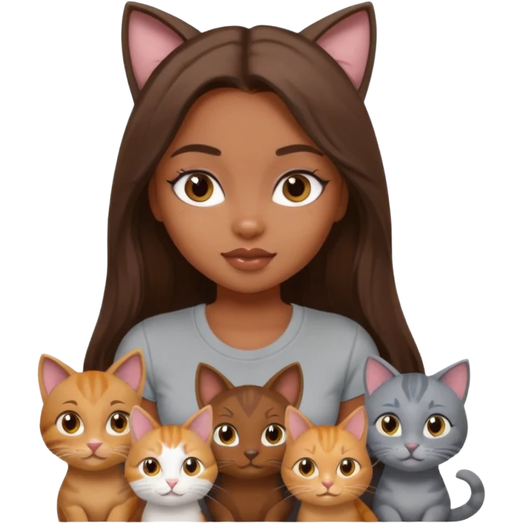 a pretty bratz dusky girl with long brown hair with six cats nd wearing a grey tshirt emoji