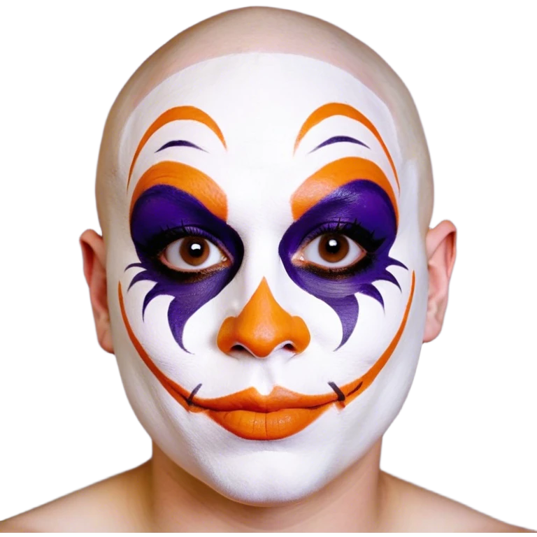 Perfectly round disembodied floating Juggalo smiley face that is hairless with white skin with realistic human brown colored eyes and elaborate but symmetrical thin lined face paint that covers most of the area of their face from the top of the forehead down the sides of their chin to the bottom of their face that is orange outlined in dark purple, with an unrealistic anatomically impossible grin with broken teeth and look in their eyes that is menacing emoji