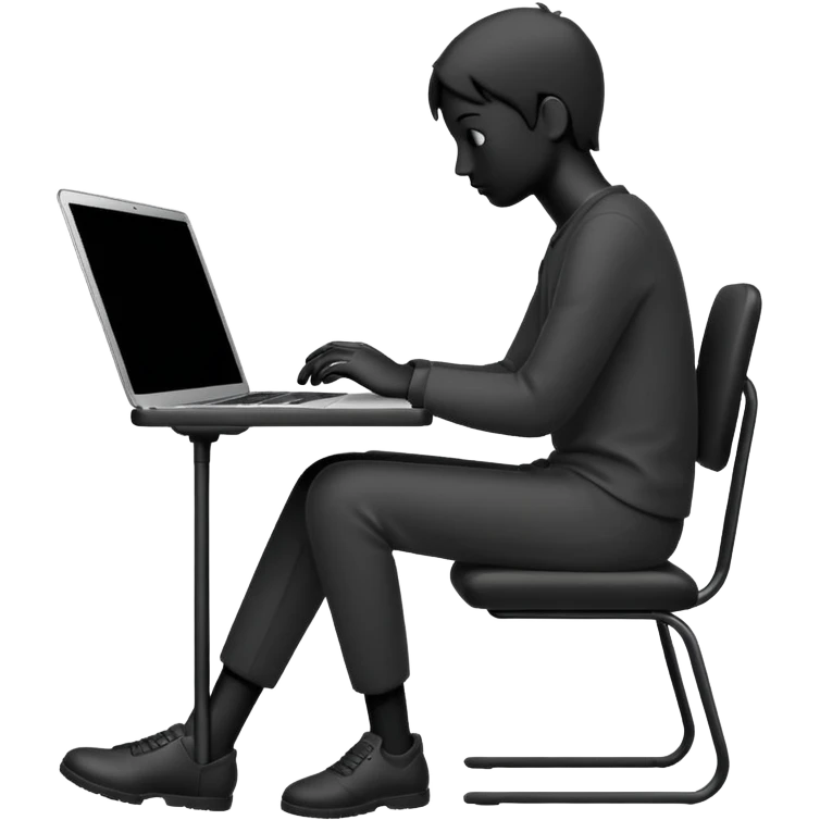 Minimalistic flat vector icon, iOS style, thin black contour on white background. Person silhouette sitting with a laptop, code brackets <> on the screen. Clean, no te emoji
