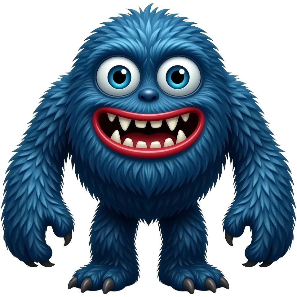 Create a blue furry monster with long arms and legs, giant eyes, red lips, and sharp teeth. The creature should look creepy but playful, like a living plush toy from a horror game. Use dark blue fluffy fur, cartoon style, dramatic lighting, and a simple background. Make it cute, scary, and iconic. emoji