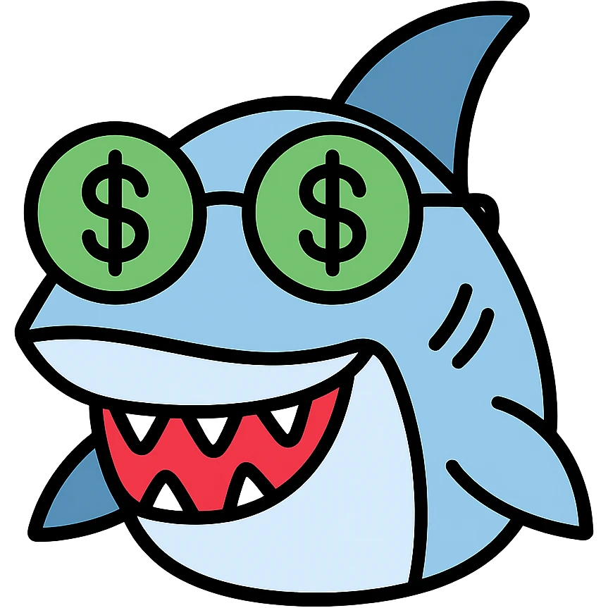 cartoon shark with money glasses, colored icon emoji