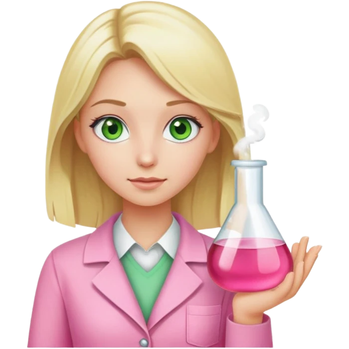 blonde girl with green-grey eyes, dressed in pink clothes, chemist emoji