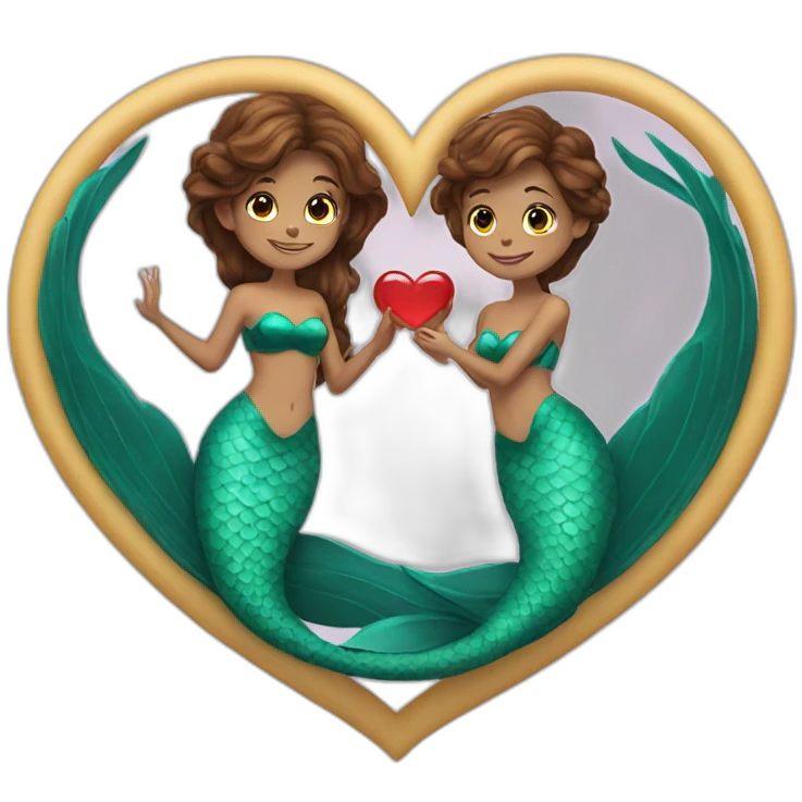 Two brown haired mermaids with their tails formed into a heart emoji