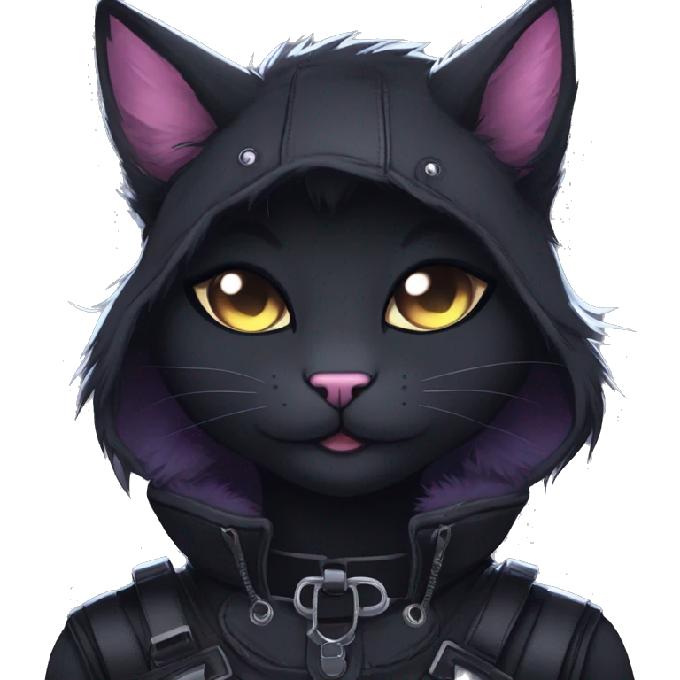 Gorgeous furry gothic dark techwear anime style anthro black cat furry sona Fakemon with blushing face aesthetic and pretty edgy black with collar and harness trending style emoji