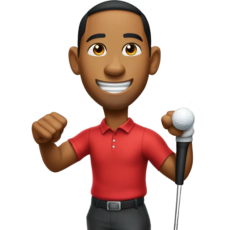 Tiger woods fist pumping while wearing red shirt holding putter in left hand emoji